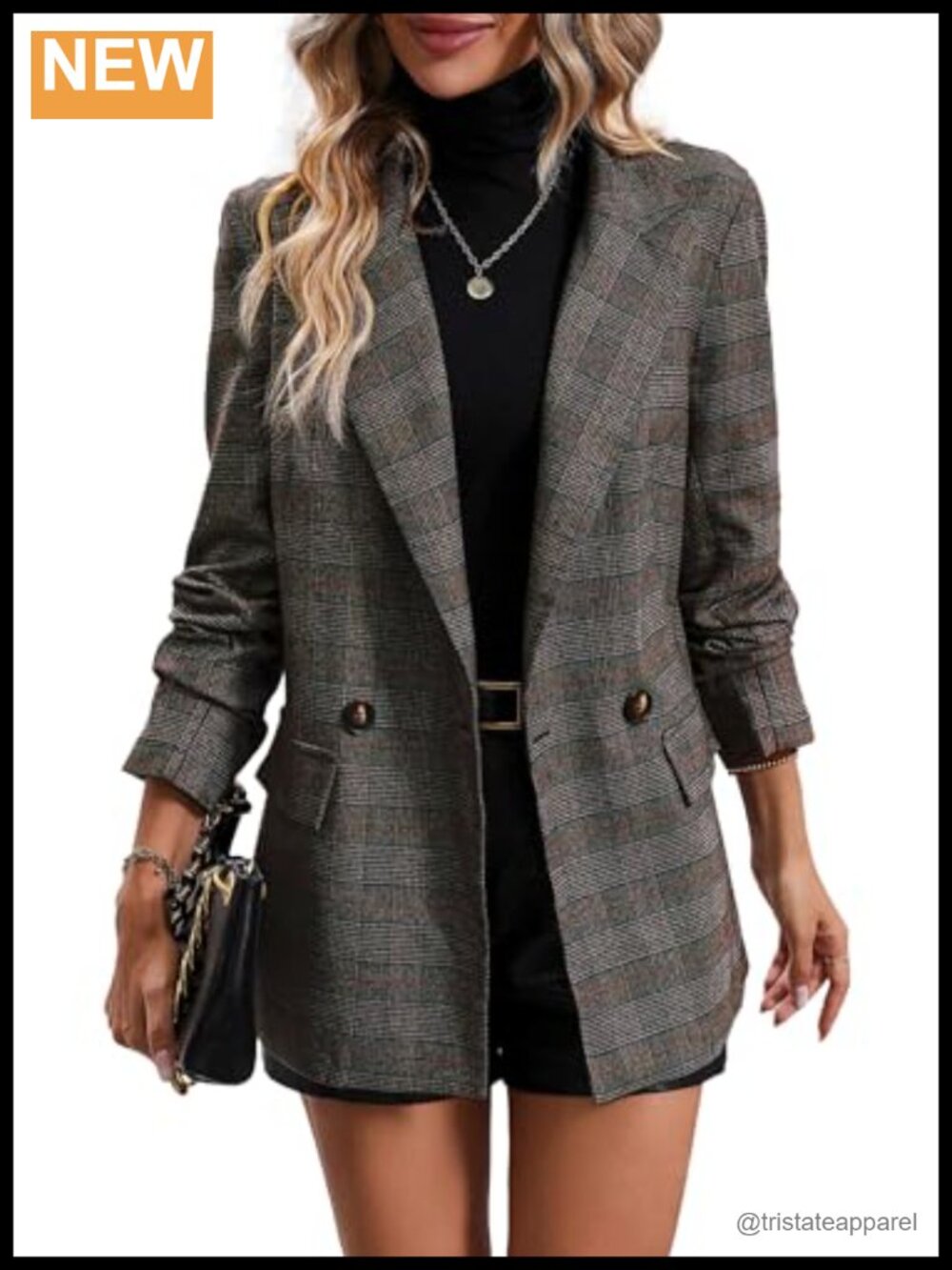 Double-Breasted Plaid Blazer Suit Jacket, Notch Lapel, Padded Shoulders,